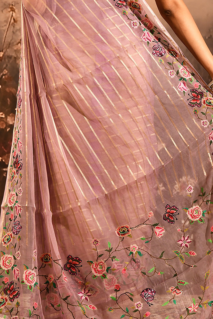 Mauve Sheer Striped With Butterfly And Floral Embroidered Border Designer Saree