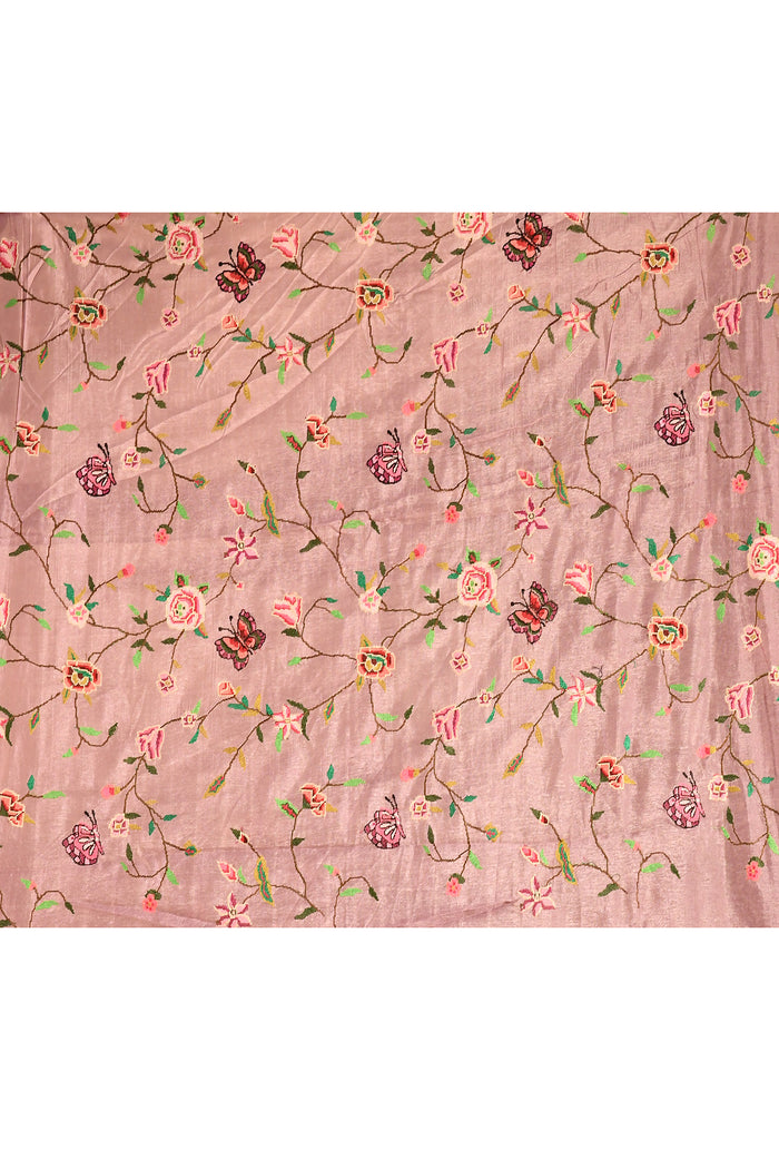 Mauve Sheer Striped With Butterfly And Floral Embroidered Border Designer Saree