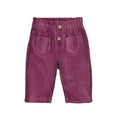 Purple corduroy pants with button details on a white background