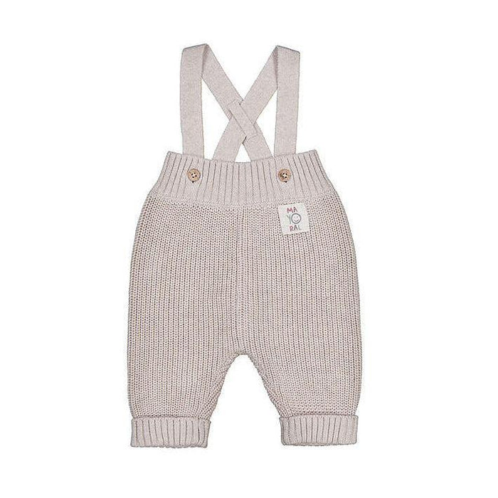 A light beige ribbed knit baby overalls with adjustable shoulder straps, decorative buttons, and a small 'My First Pet' brand label on the side, shown against a plain white background.