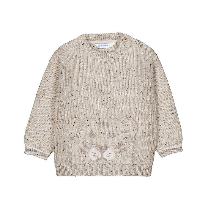 A beige knit sweater for toddlers, featuring a speckled texture with tiny multicolor flecks and a knitted tiger face motif on the front.
