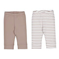 Two pairs of children's capri pants shown side by side on a white background. The left pair is solid taupe, and the right pair has thin brown horizontal stripes on an off-white background.