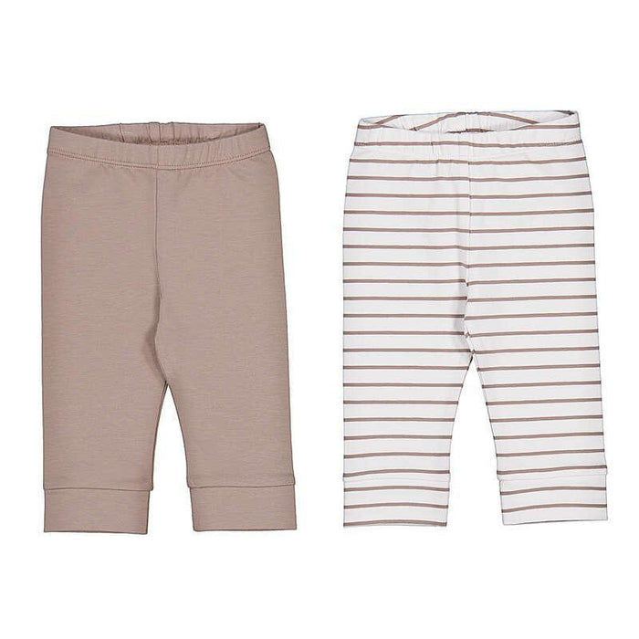 Two pairs of children's capri pants shown side by side on a white background. The left pair is solid taupe, and the right pair has thin brown horizontal stripes on an off-white background.