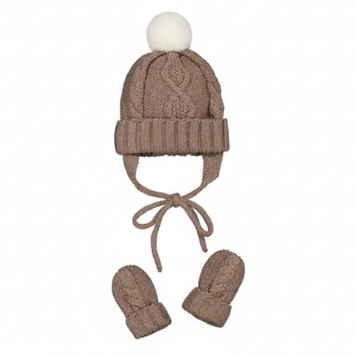 Brown cable knit hat with a white pom pom, paired with a matching set of mittens