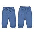 Blue children's jogger pants shown from front and back on a white background