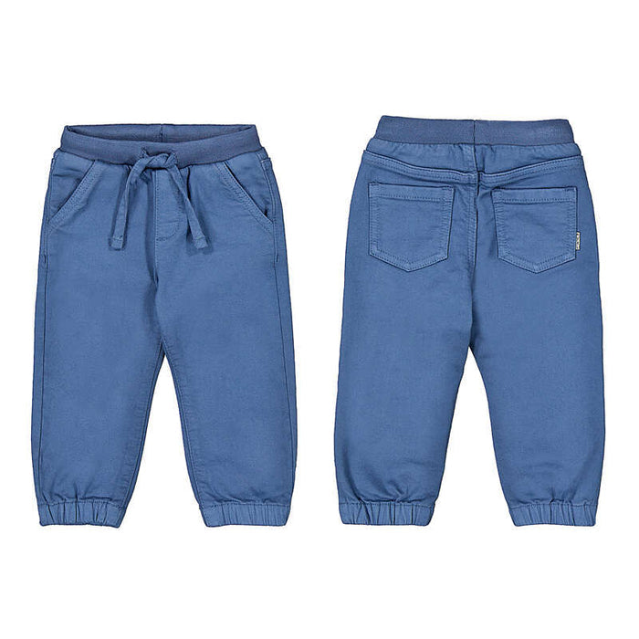 Blue children's jogger pants shown from front and back on a white background