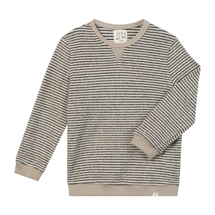 A long-sleeve crewneck sweater with thin horizontal black stripes on a warm beige background, featuring solid beige ribbed cuffs, hem, and collar, shown flat on a white background.