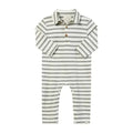 A long-sleeve baby romper with horizontal stripes in olive green and off-white, featuring a polo-style collar and three brown buttons on the chest. The brand name 'JONES BABY' is visible on the inner neck label.