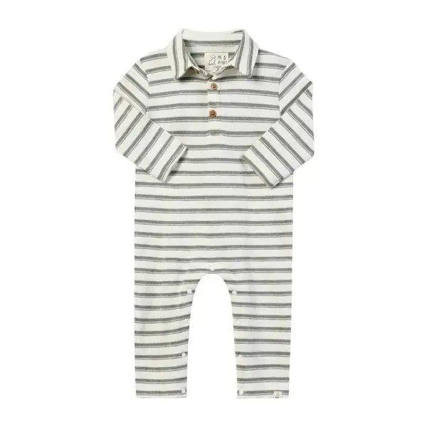 A long-sleeve baby romper with horizontal stripes in olive green and off-white, featuring a polo-style collar and three brown buttons on the chest. The brand name 'JONES BABY' is visible on the inner neck label.