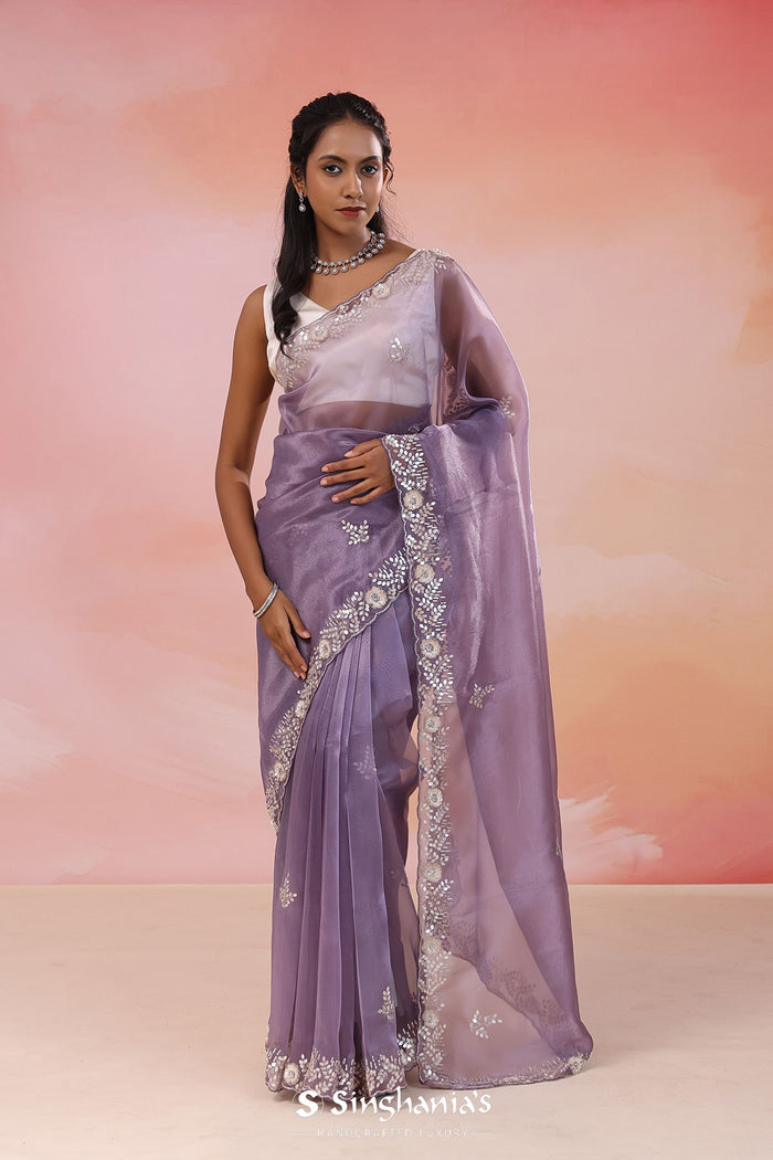 Medium Purple Organza Tissue Saree With Scallop Border