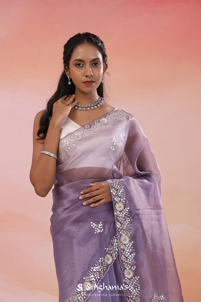Medium Purple Organza Tissue Saree With Scallop Border
