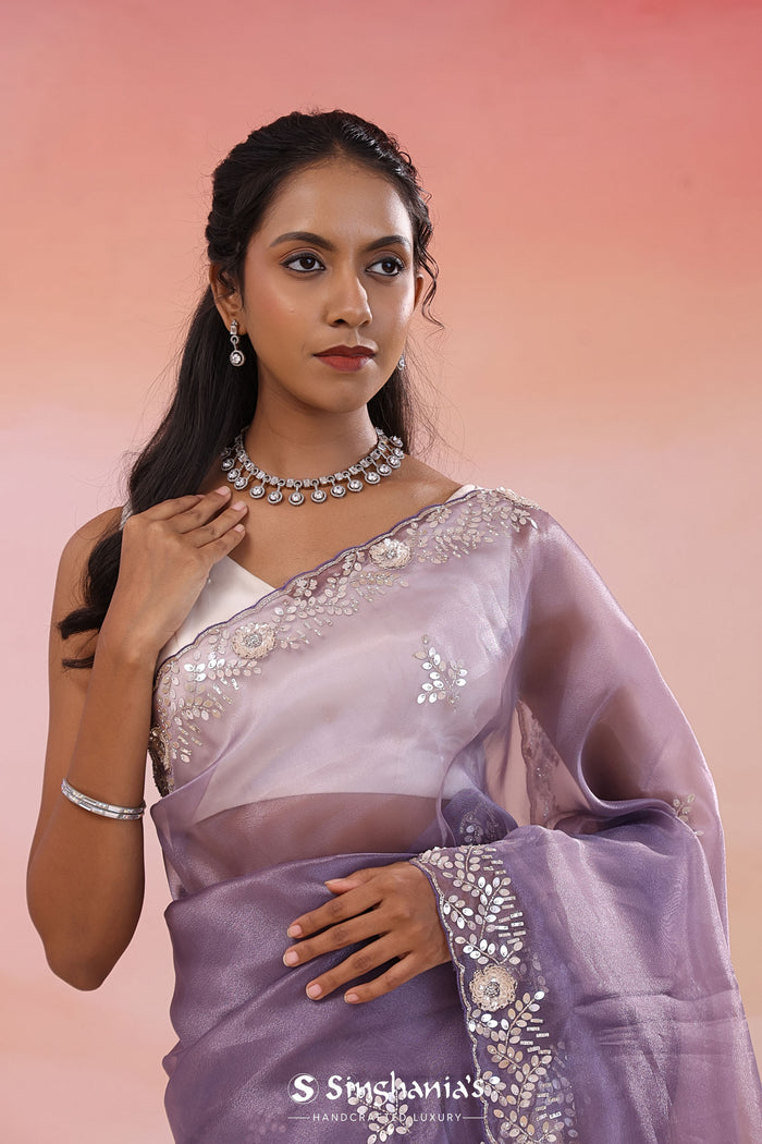 Medium Purple Organza Tissue Saree With Scallop Border