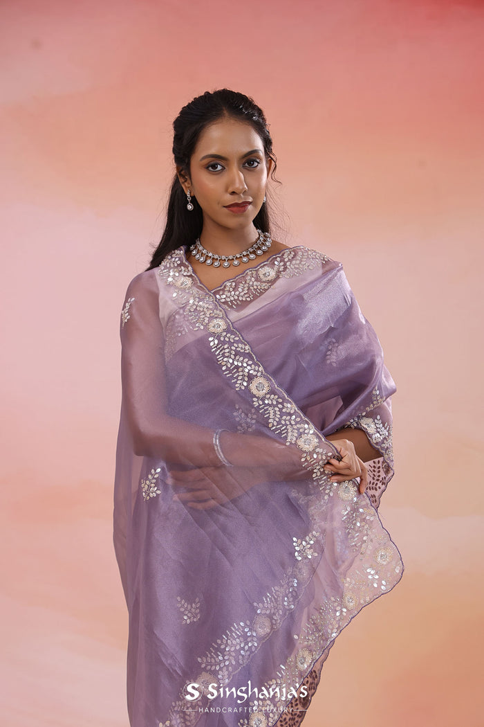 Medium Purple Organza Tissue Saree With Scallop Border