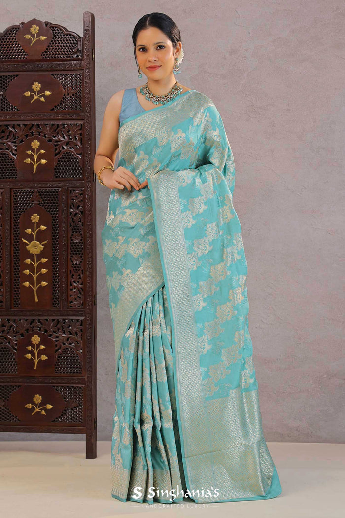 <img> Medium Turquoise Banarasi Silk Saree With Floral Jaal