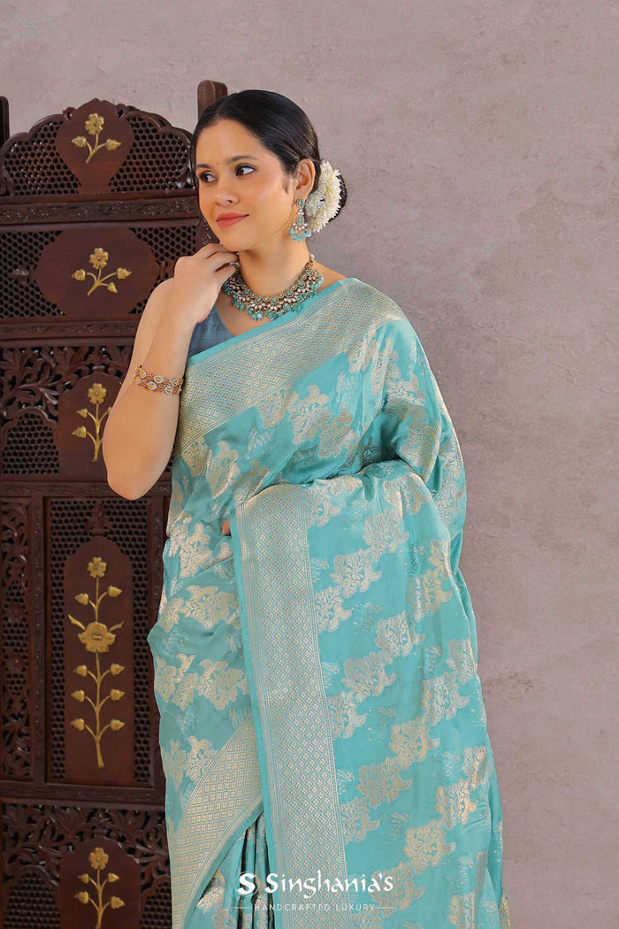 <img> Medium Turquoise Banarasi Silk Saree With Floral Jaal