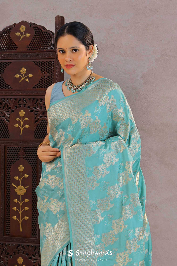 <img> Medium Turquoise Banarasi Silk Saree With Floral Jaal