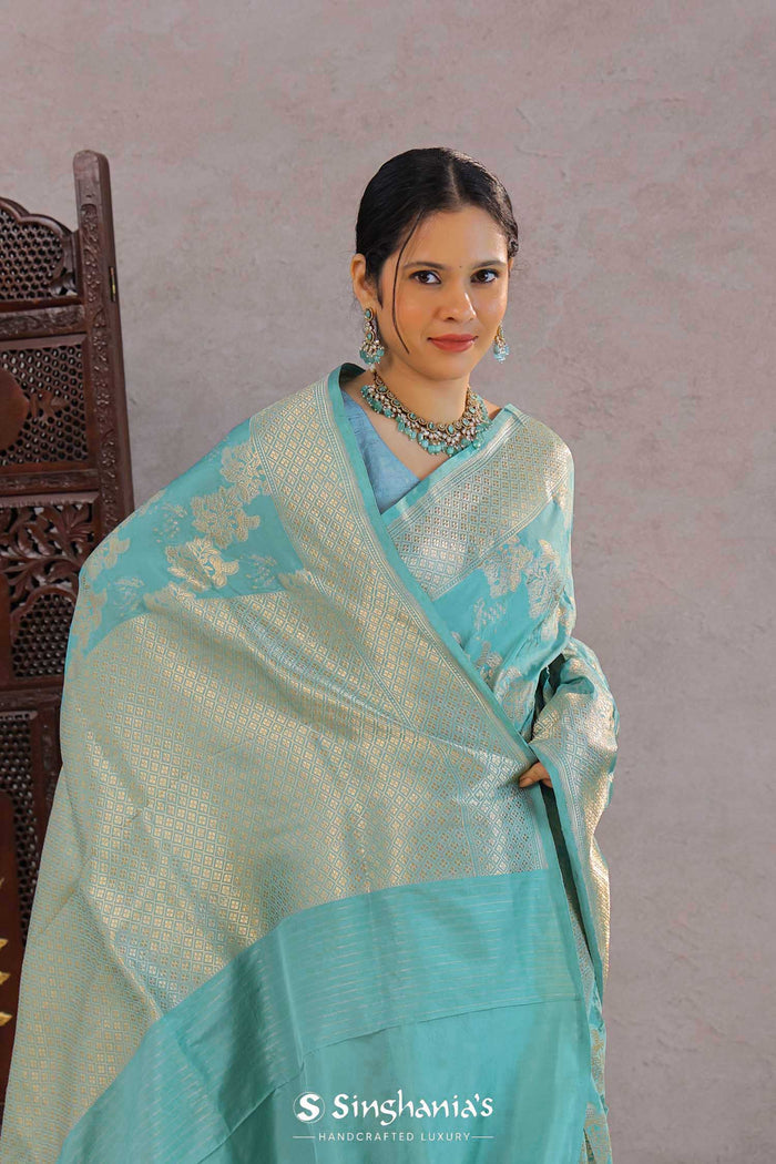 <img> Medium Turquoise Banarasi Silk Saree With Floral Jaal