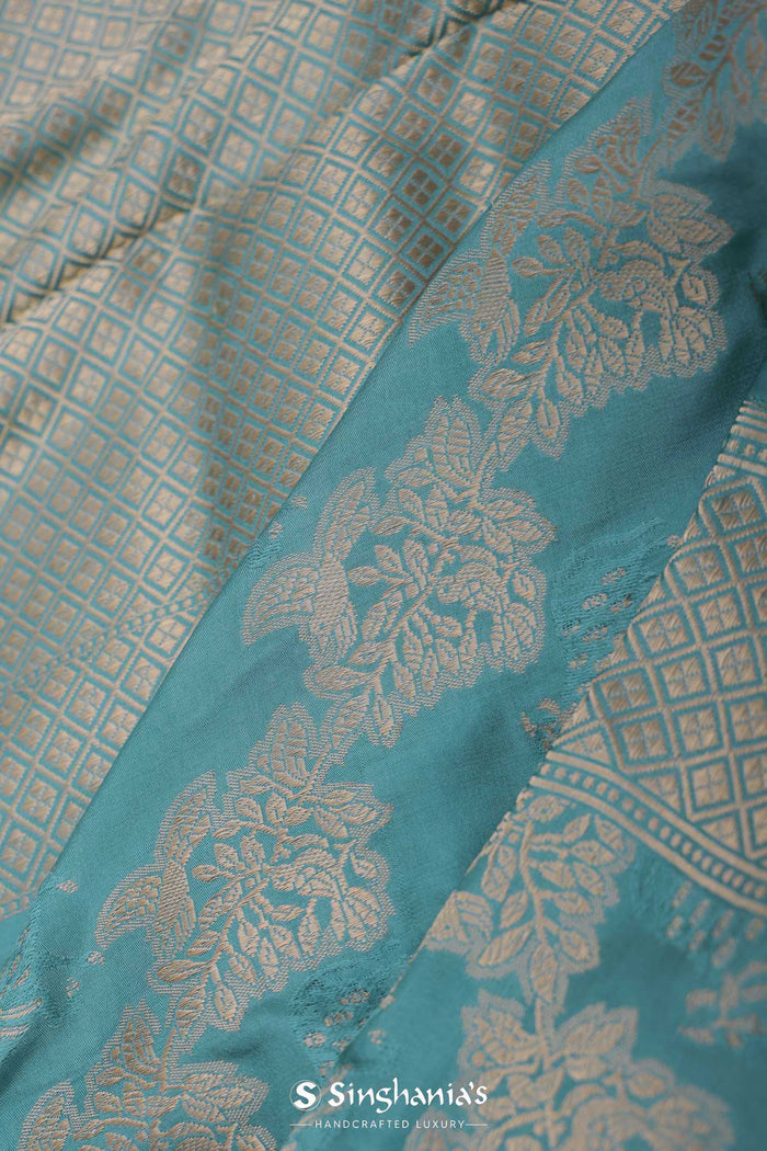 <img> Medium Turquoise Banarasi Silk Saree With Floral Jaal