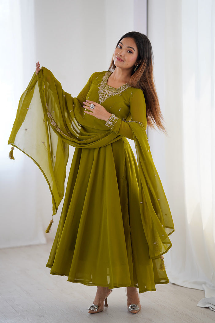 Mehandi Georgette Embroidered Anarkali Set