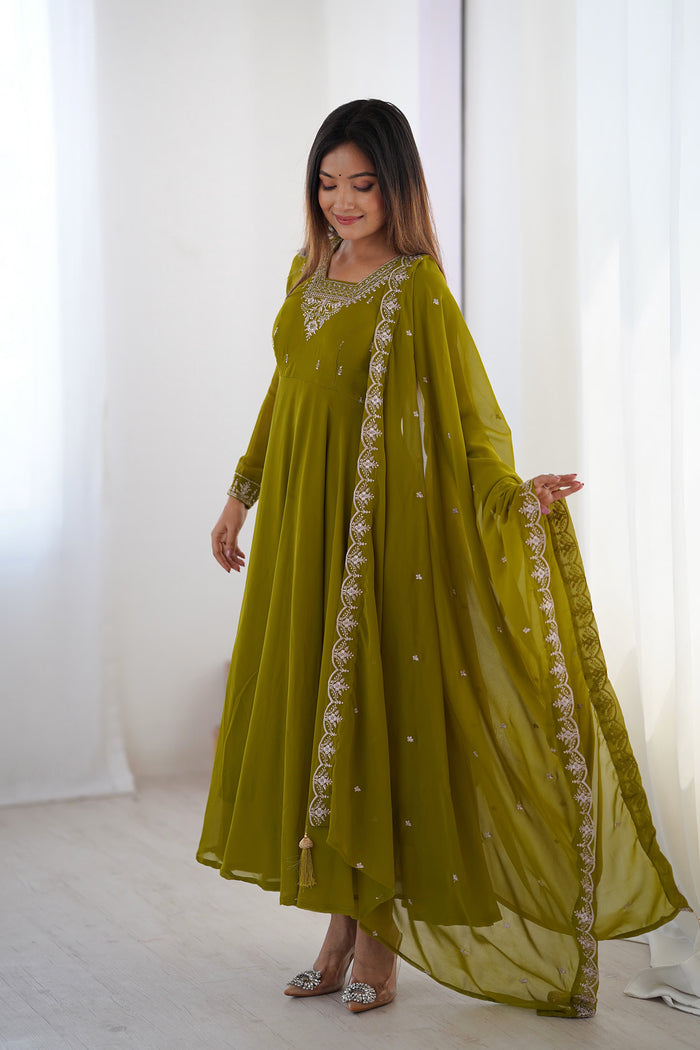 Mehandi Georgette Embroidered Anarkali Set