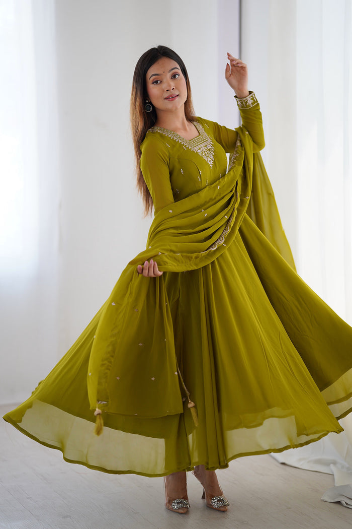 Mehandi Georgette Embroidered Anarkali Set