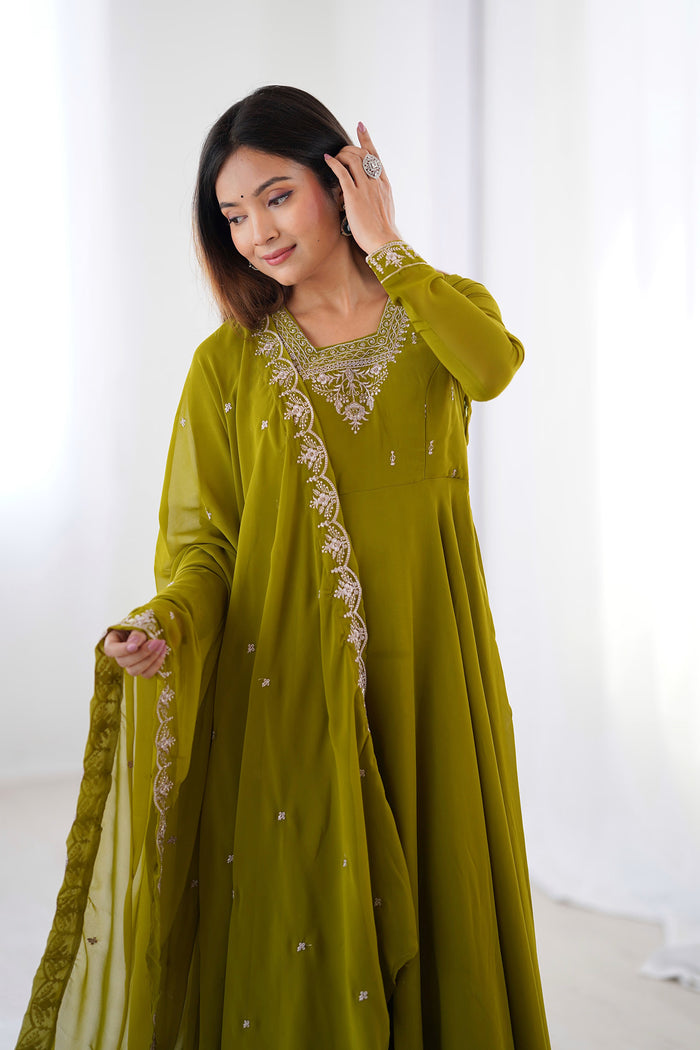 Mehandi Georgette Embroidered Anarkali Set