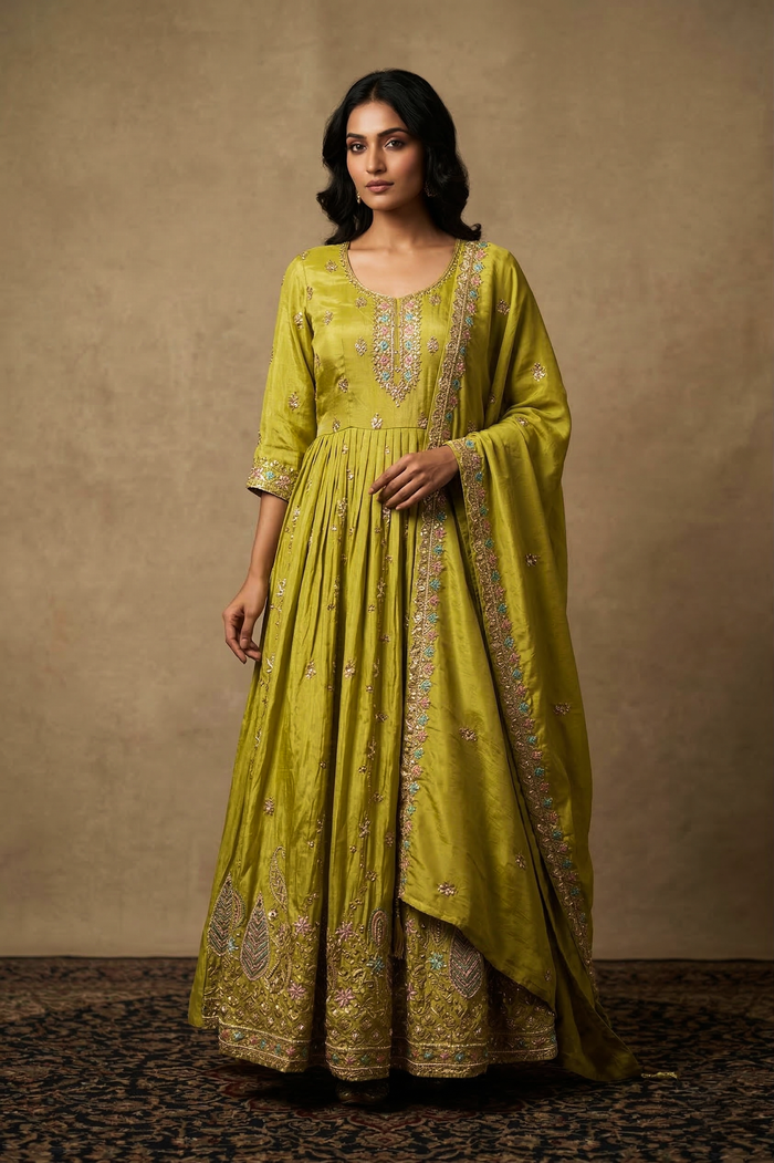 Mehendi Green Satin Embroidered Anarkali Set