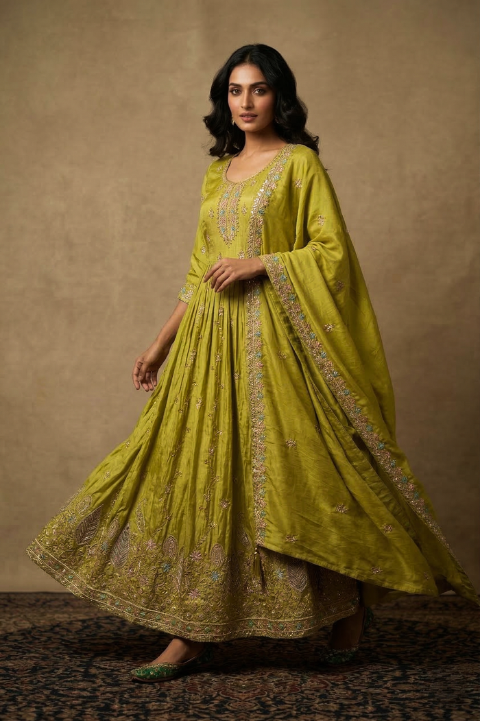 Mehendi Green Satin Embroidered Anarkali Set