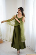 Mehndi Green Chanderi Solid Anarkali Set