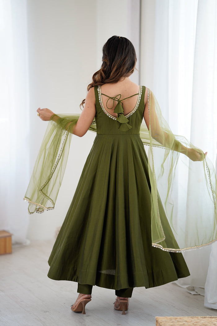 Mehndi Green Chanderi Solid Anarkali Set