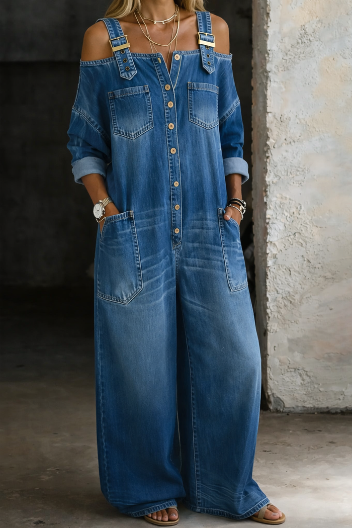 Melanie Off Shoulder Denim Jumpsuit