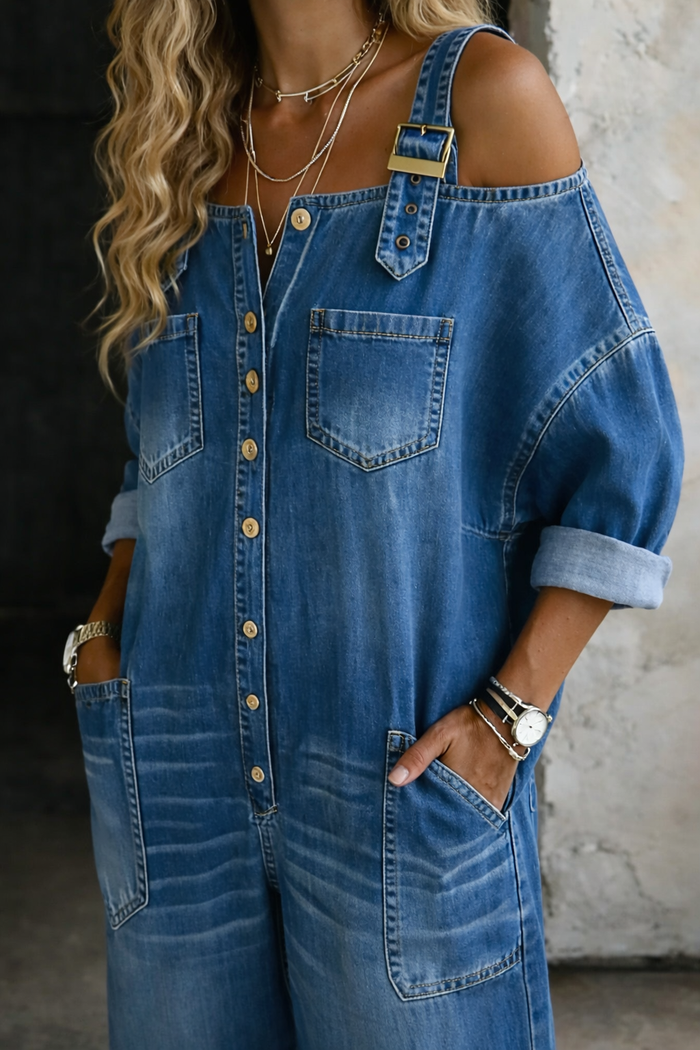 Melanie Off Shoulder Denim Jumpsuit