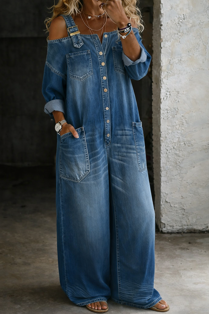 Melanie Off Shoulder Denim Jumpsuit