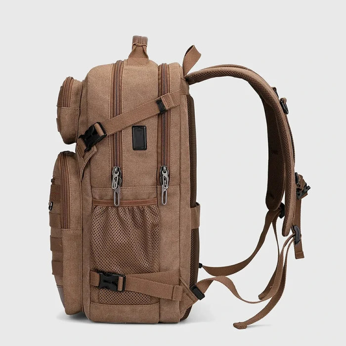 Men Canvas Carry-on Travel Backpack with Vintage Utility Design, side profile and travel size