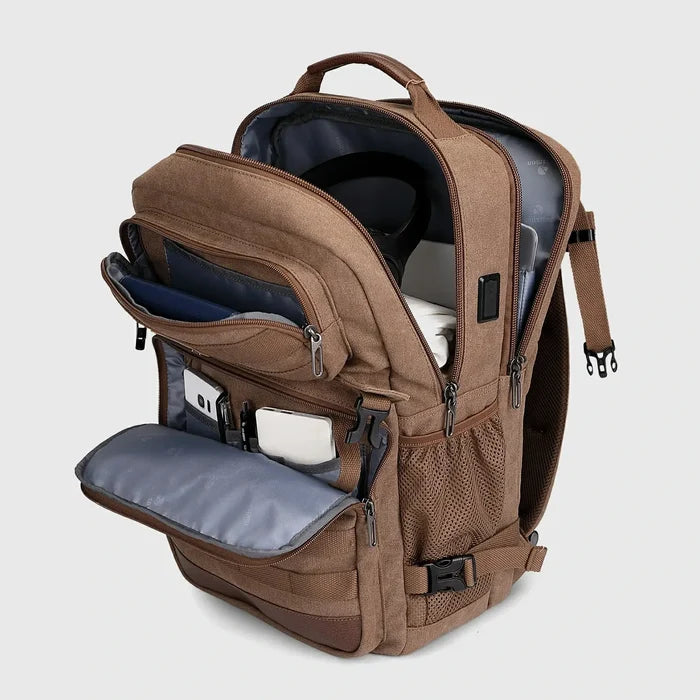 Men Canvas Carry-on Travel Backpack with Vintage Utility Design, zipper opening and top access