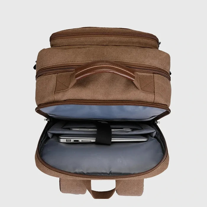 Men Canvas Carry-on Travel Backpack with Vintage Utility Design, shoe compartment or lower pocket detail