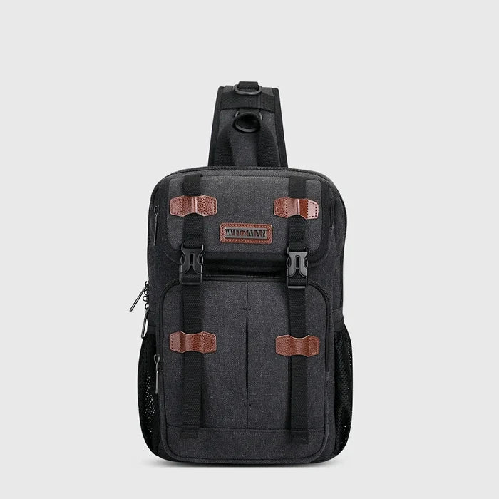 Men’S Canvas Sling Bag with USB Port, Vintage Crossbody Chest Bag, three-quarter exterior angle