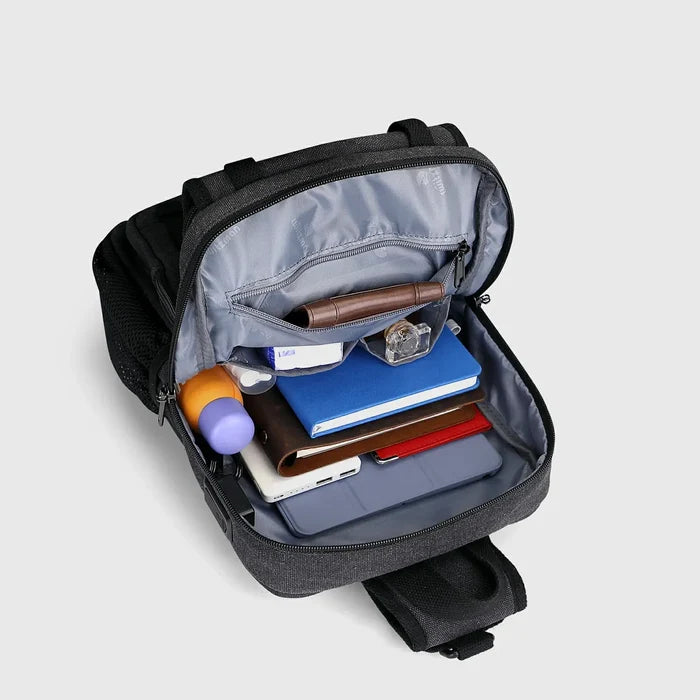 Men’S Canvas Sling Bag with USB Port, Vintage Crossbody Chest Bag, buckle and strap hardware