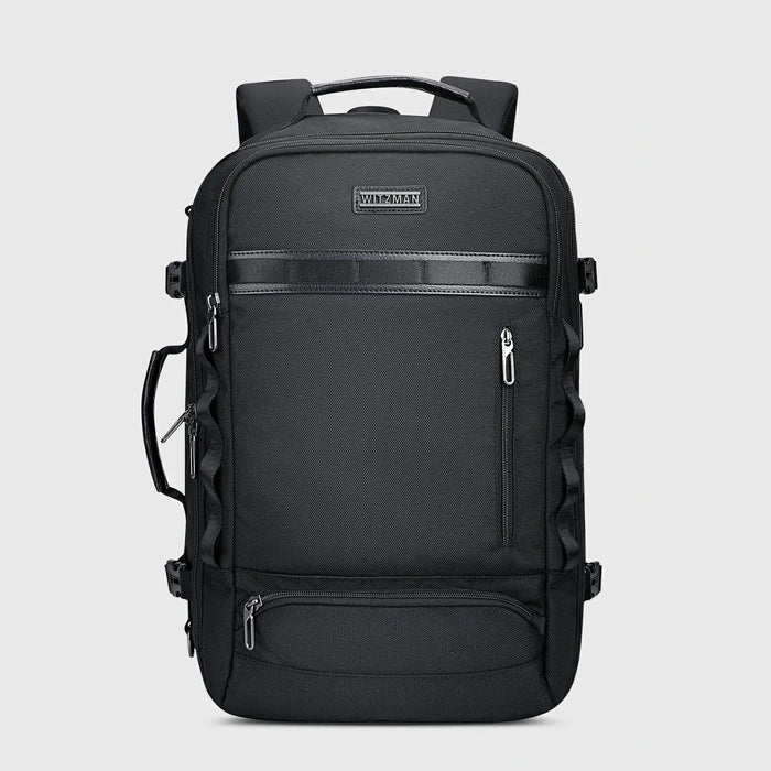 Urban travel backpack for men featuring layered exterior and clean modern styling BLACK
 BAG