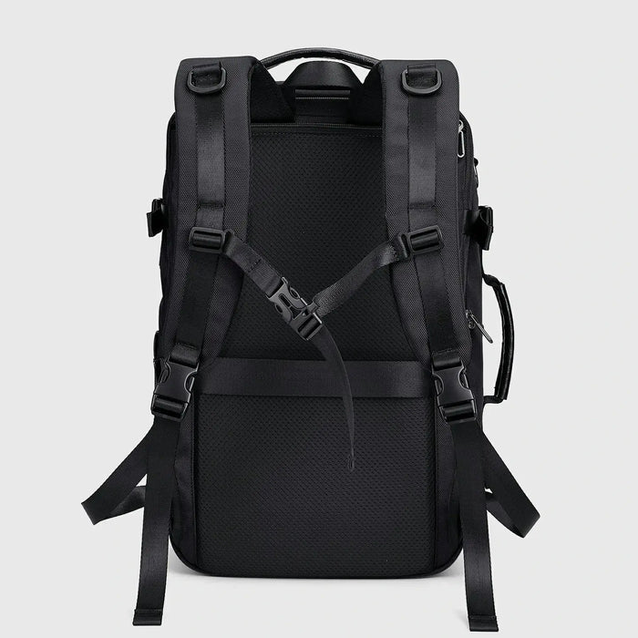 Men’s carry on travel backpack with multi-compartment design and structured silhouette  back
