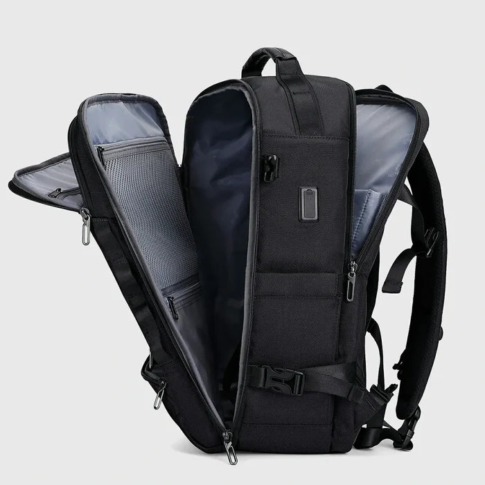 Men’s carry on travel backpack with multi-compartment design and structured silhouette