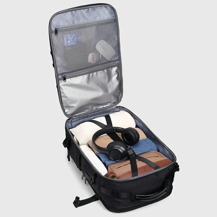 Recycled nylon travel backpack with durable structure and refined city aesthetics