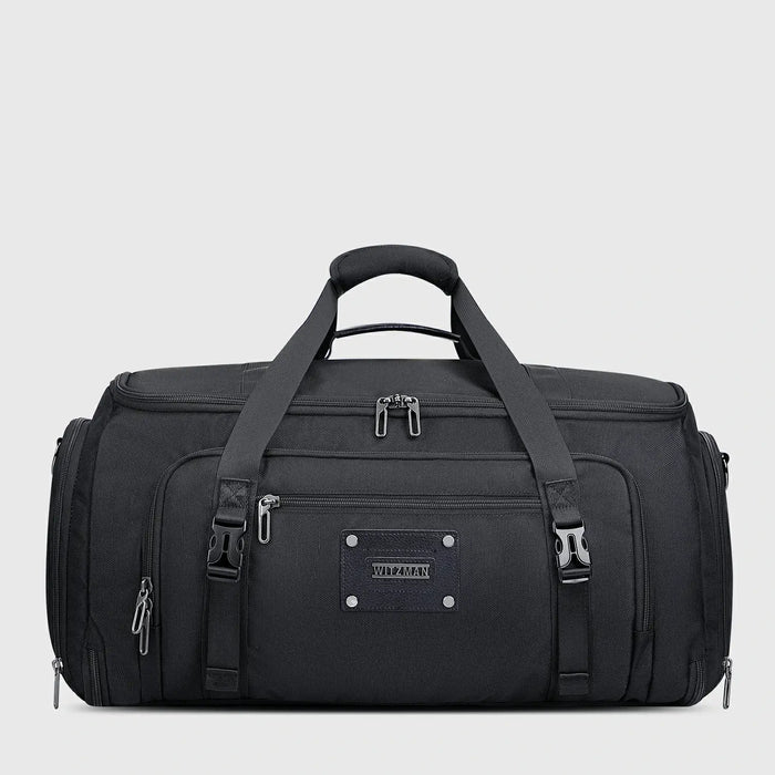 Men’s garment duffle bag with hanging suit compartment black nylon weekender business bag