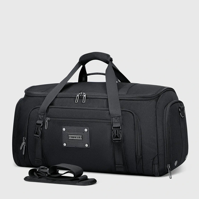 Men’s garment duffle bag with hanging suit compartment black nylon weekender bag