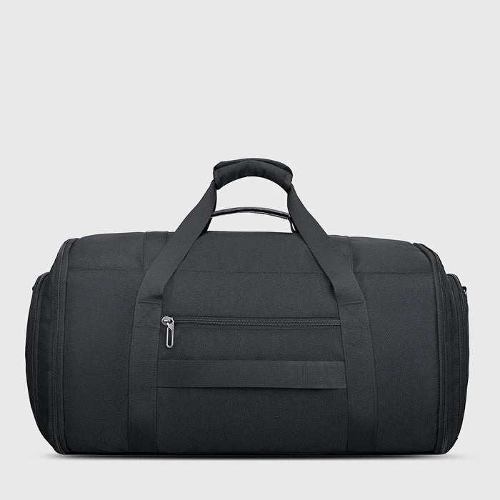 Men’s garment duffle bag with hanging suit compartment black nylon weekender business bag back
