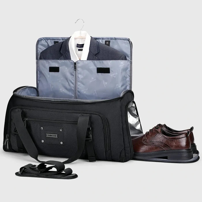 Men’s garment duffle bag with hanging suit compartment black nylon weekender business bag