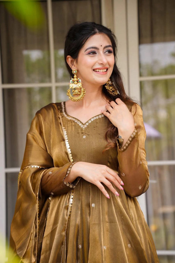 Metalic Olive Green Gold Anarkali Set