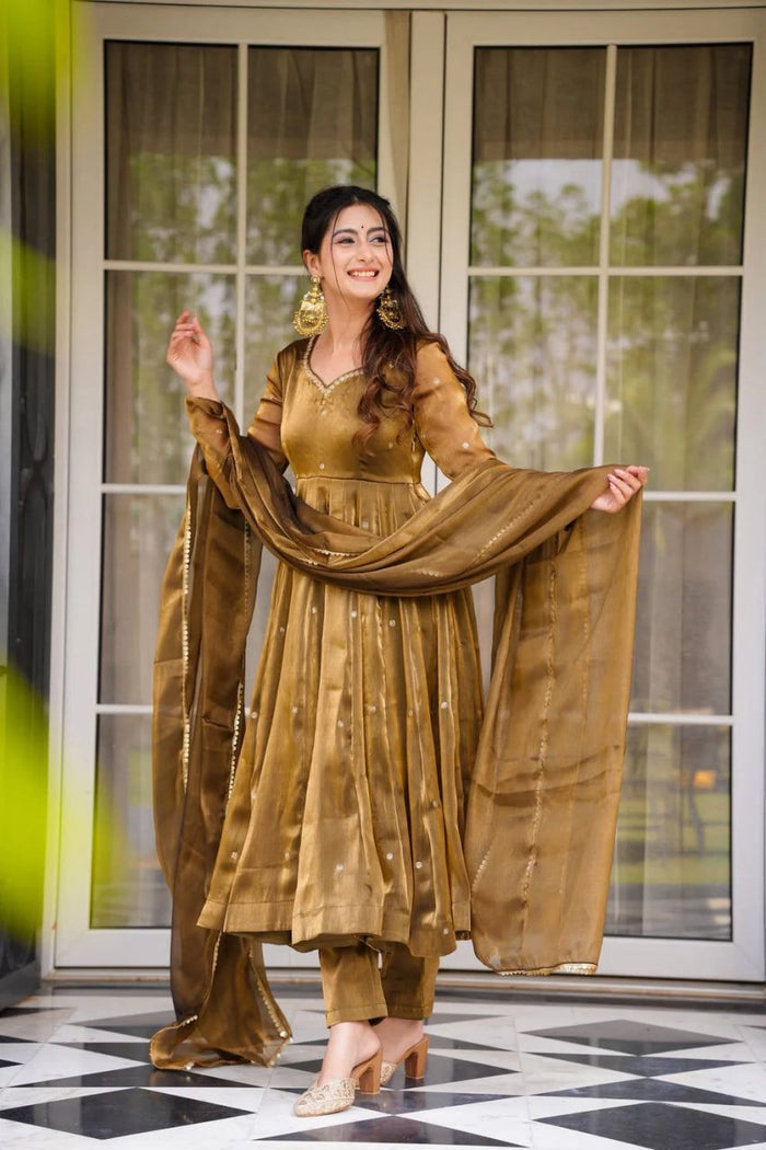 Metalic Olive Green Gold Anarkali Set