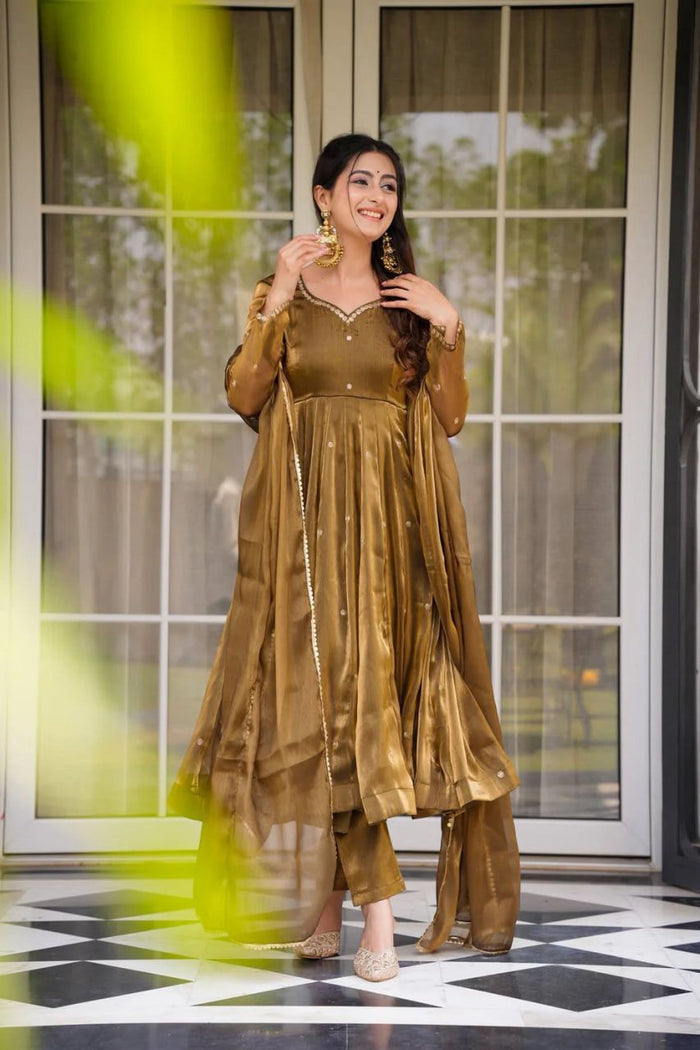 Metalic Olive Green Gold Anarkali Set