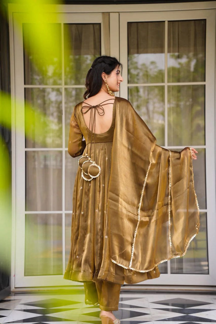 Metalic Olive Green Gold Anarkali Set